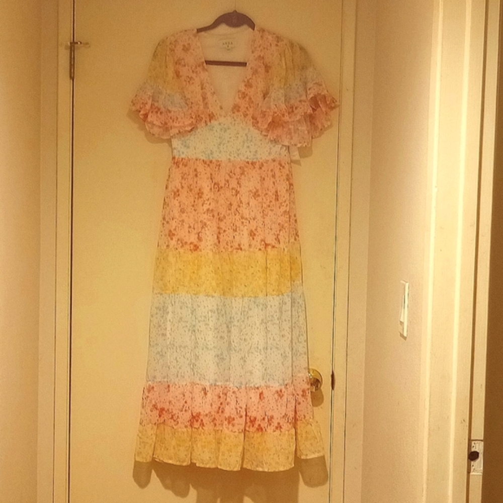 Aura Pink Multi Floral Print Midi Dress size Medium